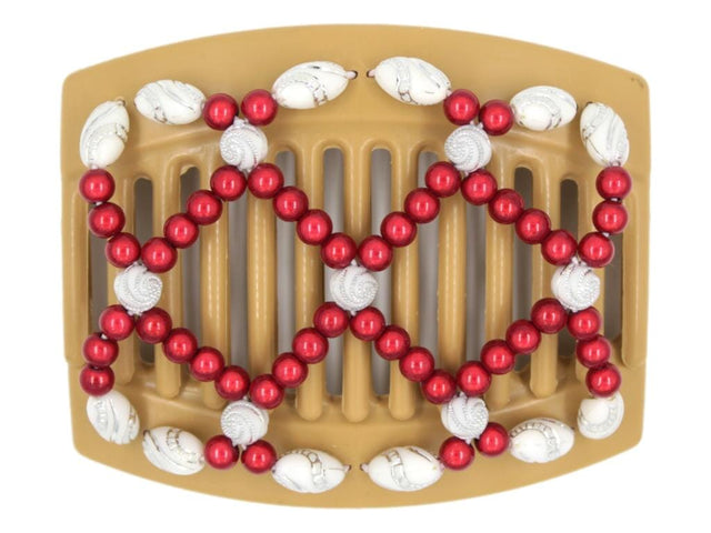 African Butterfly Ndalena Blonde Hair Comb 110 - cherry red, white silver swirl beads, white background