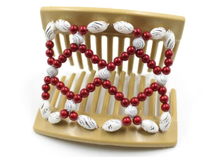 African Butterfly Ndalena Blonde Hair Comb 110 - cherry red, white silver swirl beads, shown open, white background