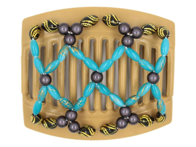 African Butterfly Ndalena Blonde Hair Comb 111 - charcoal gray, turquoise gold swirl beads, white background