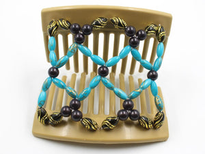 African Butterfly Ndalena Blonde Hair Comb 111 - charcoal gray, turquoise gold swirl beads, shown open, white background