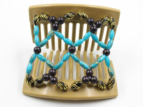 African Butterfly Ndalena Blonde Hair Comb 111 - charcoal gray, turquoise gold swirl beads, shown open, white background