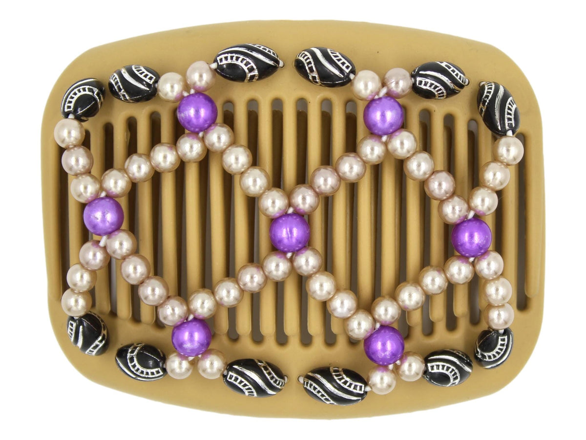 African Butterfly Hair Comb - Ndalena Blonde 112 - violet pearl beads, champagne pearl beads, black beads with silver etching along the sides, white background