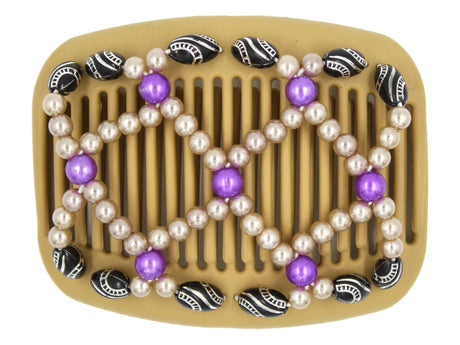 African Butterfly Hair Comb - Ndalena Blonde 112 - violet pearl beads, champagne pearl beads, black beads with silver etching along the sides, white background