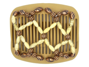 African Butterfly Hair Comb - Ndalena Blonde 113 - light yellow beads with gold swirls, copper beads, white background
