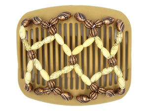 African Butterfly Hair Comb - Ndalena Blonde 113 - light yellow beads with gold swirls, copper beads, white background