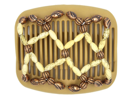 African Butterfly Hair Comb - Ndalena Blonde 113 - light yellow beads with gold swirls, copper beads, white background