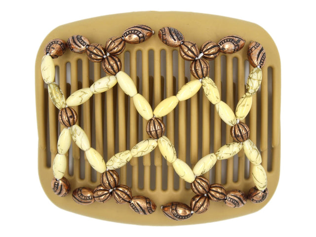 African Butterfly Hair Comb - Ndalena Blonde 113 - light yellow beads with gold swirls, copper beads, white background