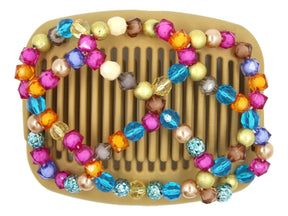 African Butterfly Hair Comb - Ndalena Blonde 114 - confetti mix of blue, orange, fuchsia, gold, teal, and brown beads, white background