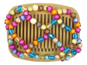 African Butterfly Hair Comb - Ndalena Blonde 114 - confetti mix of blue, orange, fuchsia, gold, teal, and brown beads, white background
