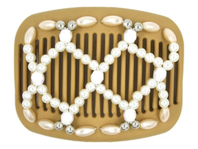 African Butterfly Hair Comb - Ndalena Blonde 115 - white iridescent beads, white pearl beads, silver beads, champagne pearl beads along the edges, white background
