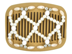 African Butterfly Hair Comb - Ndalena Blonde 115 - white iridescent beads, white pearl beads, silver beads, champagne pearl beads along the edges, white background