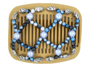 African Butterfly Hair Comb - Ndalena Blonde 116 - large powder blue pearl beads, blue ombre beads, silver beads with black etching along the edges, white background