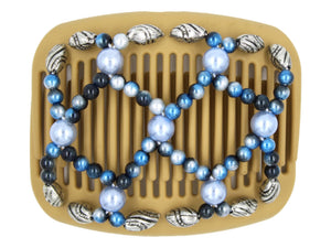African Butterfly Hair Comb - Ndalena Blonde 116 - large powder blue pearl beads, blue ombre beads, silver beads with black etching along the edges, white background