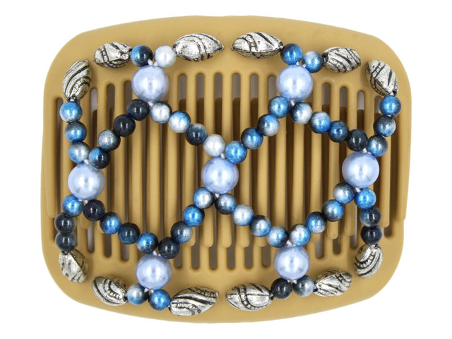 African Butterfly Hair Comb - Ndalena Blonde 116 - large powder blue pearl beads, blue ombre beads, silver beads with black etching along the edges, white background