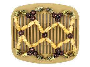 African Butterfly Hair Comb - Ndalena Blonde 117 - butterscotch pearl beads with gold swirls, burgundy pearl accent beads, copper beads with black etching along the edges, white background