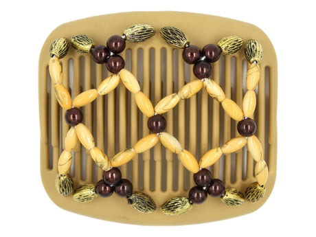 African Butterfly Hair Comb - Ndalena Blonde 117 - butterscotch pearl beads with gold swirls, burgundy pearl accent beads, copper beads with black etching along the edges, white background