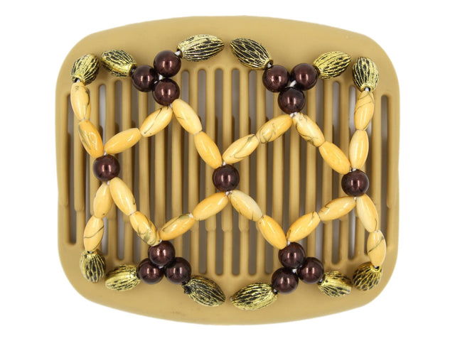 African Butterfly Hair Comb - Ndalena Blonde 117 - butterscotch pearl beads with gold swirls, burgundy pearl accent beads, copper beads with black etching along the edges, white background