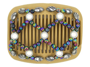 African Butterfly Hair Comb - Ndalena Blonde 118 - large white magic accent beads, rainbow beads, silver beads with black etching along the edges, white background