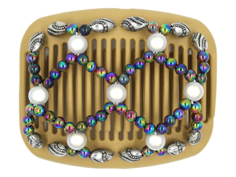 African Butterfly Hair Comb - Ndalena Blonde 118 - large white magic accent beads, rainbow beads, silver beads with black etching along the edges, white background