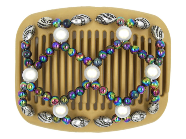 African Butterfly Hair Comb - Ndalena Blonde 118 - large white magic accent beads, rainbow beads, silver beads with black etching along the edges, white background