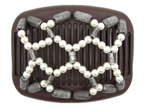 African Butterfly Hair Comb - Ndalena Brown 192 - white pearl beads, silver and black accent beads, pewter shimmer beads, white background