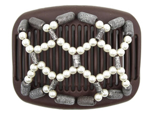 African Butterfly Hair Comb - Ndalena Brown 192 - white pearl beads, silver and black accent beads, pewter shimmer beads, white background