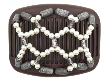 African Butterfly Hair Comb - Ndalena Brown 192 - white pearl beads, silver and black accent beads, pewter shimmer beads, white background