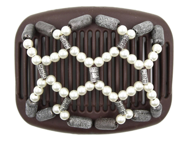 African Butterfly Hair Comb - Ndalena Brown 192 - white pearl beads, silver and black accent beads, pewter shimmer beads, white background