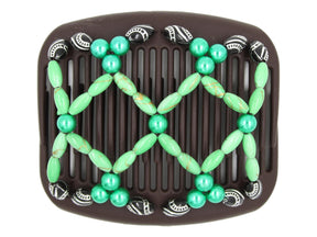 African Butterfly Hair Comb - Ndalena Brown 193 - green pearl beads, lime green and gold swirl beads, black and silver etched beads, white background