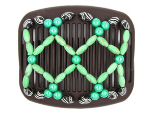 African Butterfly Hair Comb - Ndalena Brown 193 - green pearl beads, lime green and gold swirl beads, black and silver etched beads, white background