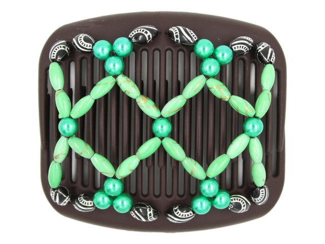 African Butterfly Hair Comb - Ndalena Brown 193 - green pearl beads, lime green and gold swirl beads, black and silver etched beads, white background