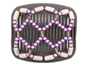 African Butterfly Hair Comb - Ndalena Brown 194 - dusty rose magic beads, copper accent beads, dusty rose shimmer beads, white background