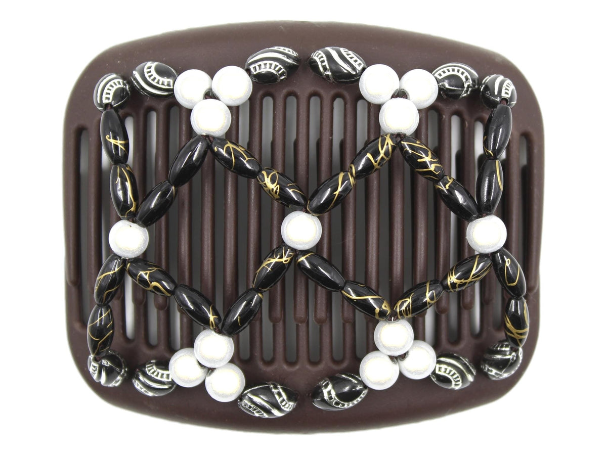 African Butterfly Hair Comb - Ndalena Brown 195 - white magic beads, black and gold swirl beads, black and silver etched beads, white background