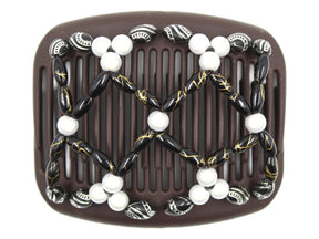 African Butterfly Hair Comb - Ndalena Brown 195 - white magic beads, black and gold swirl beads, black and silver etched beads, white background