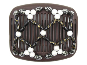 African Butterfly Hair Comb - Ndalena Brown 195 - white magic beads, black and gold swirl beads, black and silver etched beads, white background