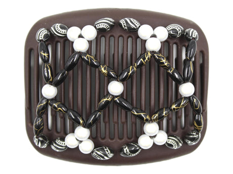 African Butterfly Hair Comb - Ndalena Brown 195 - white magic beads, black and gold swirl beads, black and silver etched beads, white background