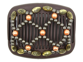 African Butterfly Hair Comb - Ndalena Brown 196 - melon pearly beads, gray beads, gold beads with black etchings, white background