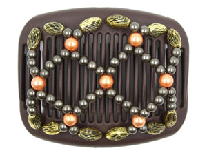 African Butterfly Hair Comb - Ndalena Brown 196 - melon pearly beads, gray beads, gold beads with black etchings, white background