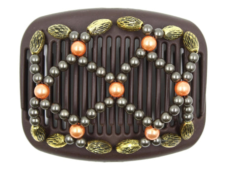African Butterfly Hair Comb - Ndalena Brown 196 - melon pearly beads, gray beads, gold beads with black etchings, white background