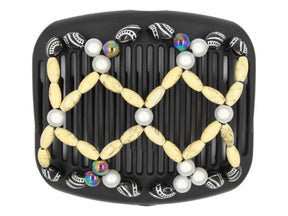 African Butterfly Hair Comb - Ndalena Black 134 - buttercream, white pearl, rainbow, and black silver-etched beads, white background