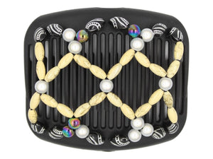 African Butterfly Hair Comb - Ndalena Black 134 - buttercream, white pearl, rainbow, and black silver-etched beads, white background