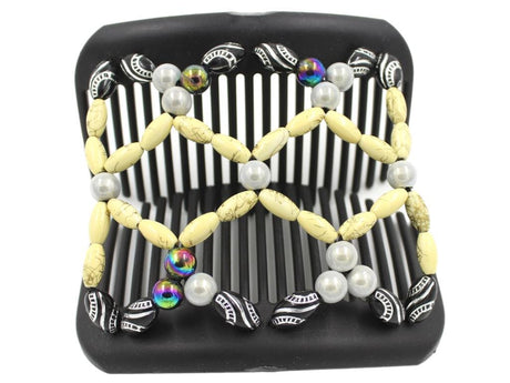 African Butterfly Ndalena Black Hair Comb 134 - buttercream, white pearl, rainbow, black silver-etched beads, shown open, white background