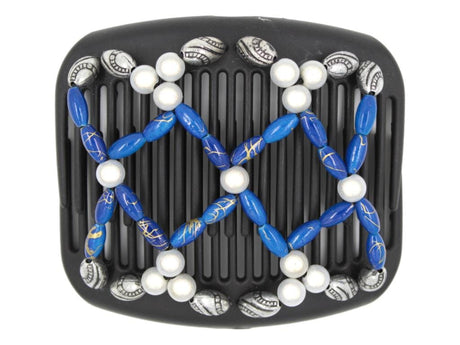African Butterfly Ndalena Black Hair Comb 135 - white magic beads, sapphire blue gold swirl, silver black-etched beads, white background