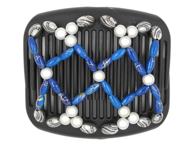 African Butterfly Ndalena Black Hair Comb 135 - white magic beads, sapphire blue gold swirl, silver black-etched beads, white background