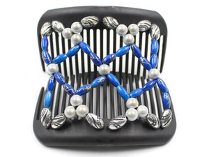 African Butterfly Ndalena Black Hair Comb 135 - white magic beads, sapphire blue gold swirl, silver black-etched beads, shown open, white background