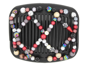 African Butterfly Ndalena Black Hair Comb 136 - red, white, cream, rainbow, silver confetti beads, white background