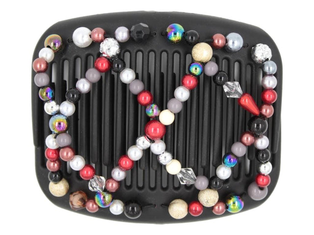 African Butterfly Ndalena Black Hair Comb 136 - red, white, cream, rainbow, silver confetti beads, white background