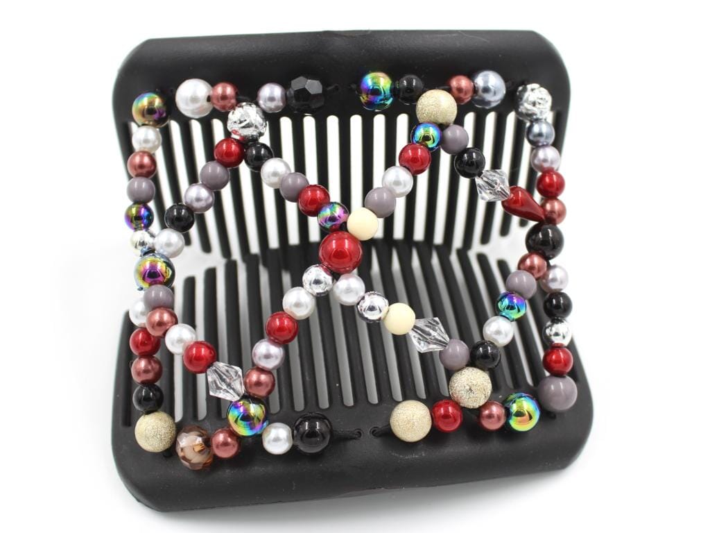 African Butterfly Ndalena Black Hair Comb 136 - red, white, cream, rainbow, silver confetti beads, shown open, white background