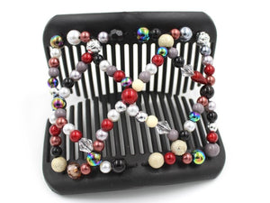 African Butterfly Ndalena Black Hair Comb 136 - red, white, cream, rainbow, silver confetti beads, shown open, white background