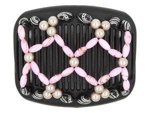 African Butterfly Hair Comb - Ndalena Black 137 - pink gold swirl oval, champagne pearl and black white-etched beads, white background